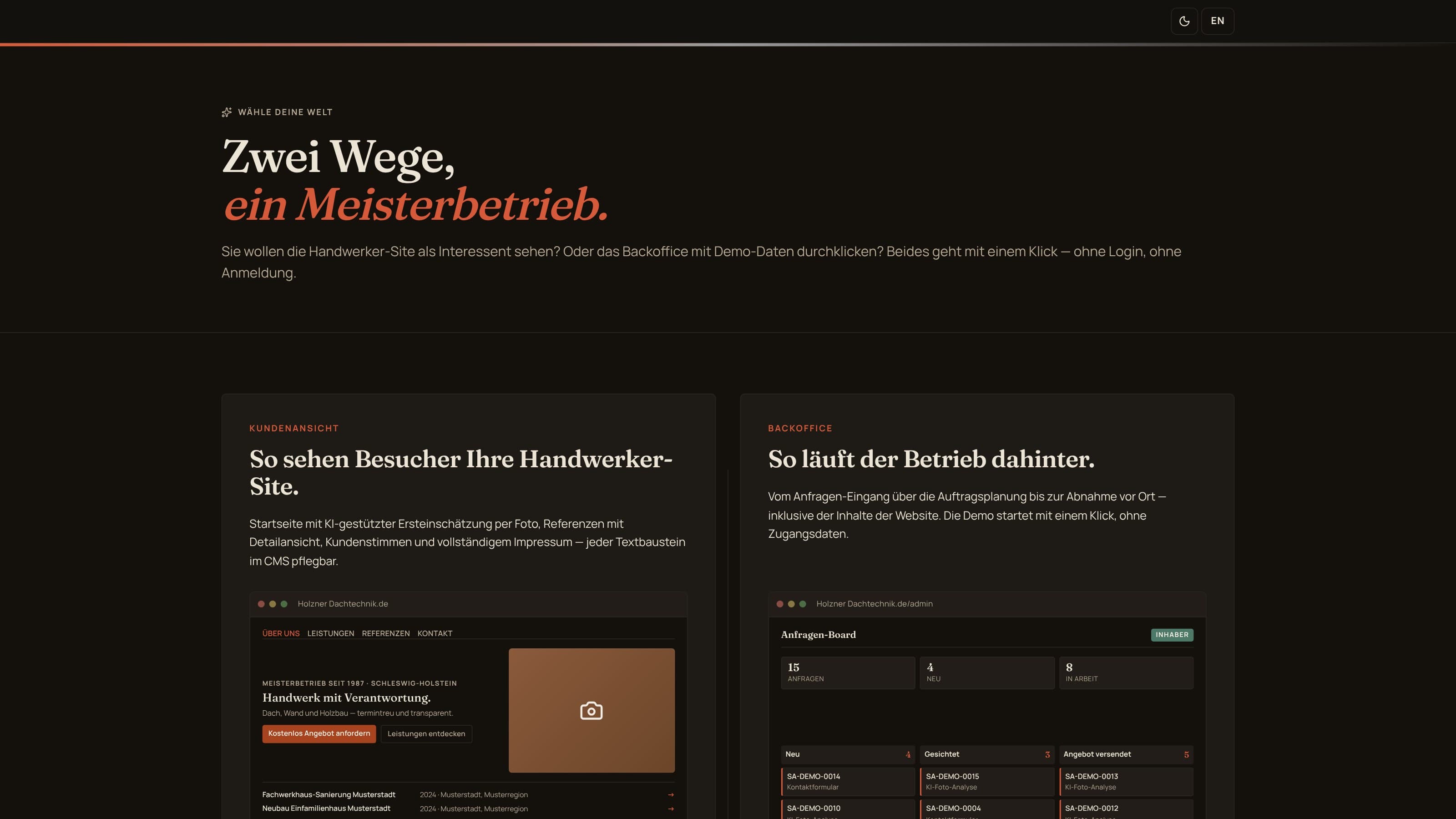 Handwerker-Website Vorschau (Dark Mode)